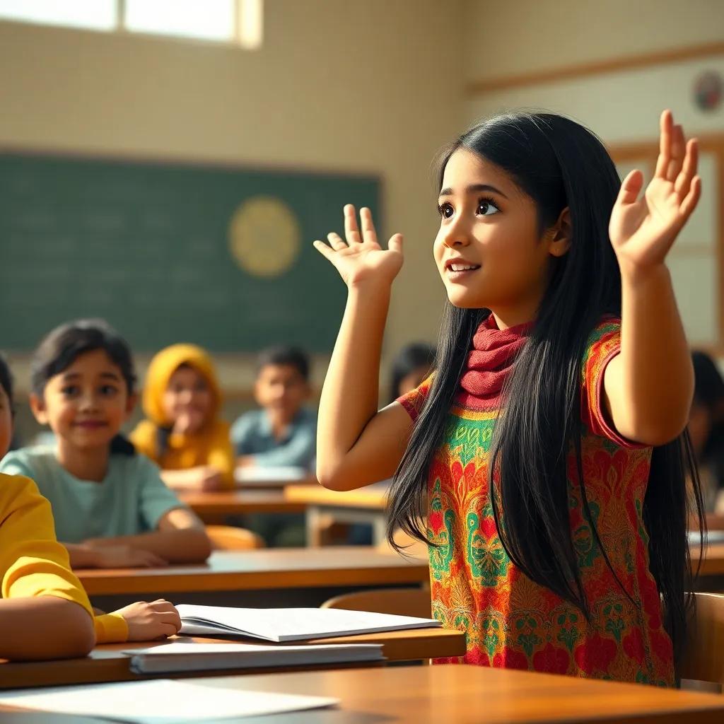 A classroom scene with a caring teacher, talking to students about fairness, Leila, a young Arab girl with long dark hair wearing a colorful dress, raising her hand, warm light, encouraging environment, detailed, vibrant colors, uplifting mood, digital painting