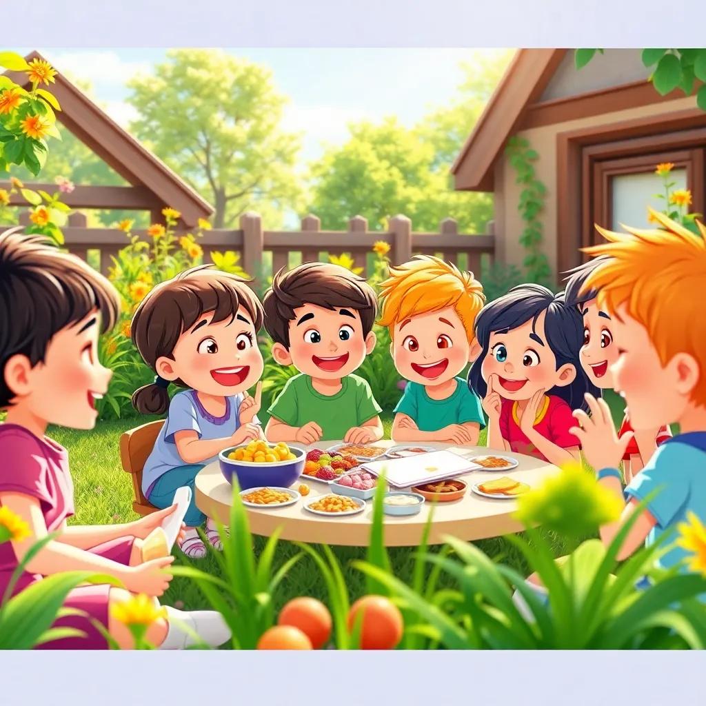 A group of happy children gathering in a garden, discussing their project, with colorful snacks around them, bright sunlight, cheery atmosphere, illustration, vibrant colors, playful scene