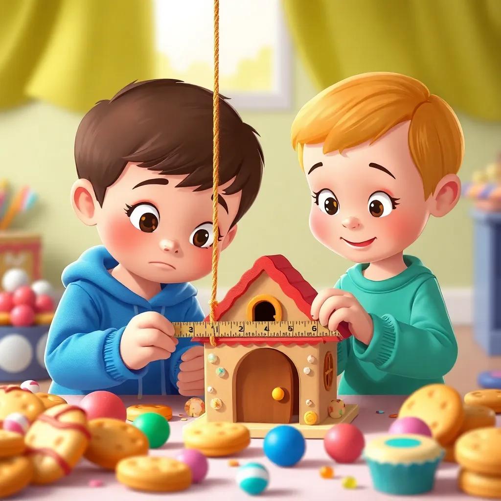 The same children measuring the area for their candy house with a string and a ruler, focused expressions on their faces, surrounded by sweets and biscuits, cartoon style, colorful, education-themed