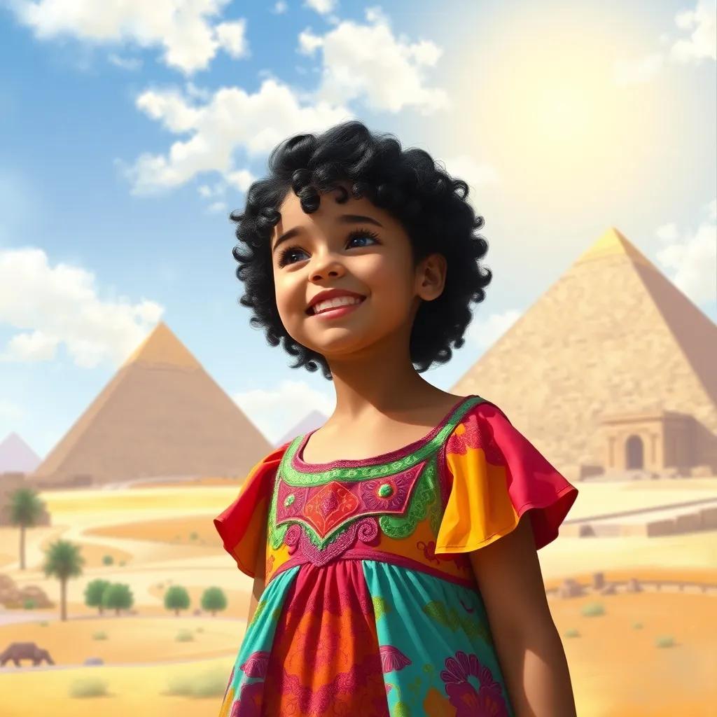 A young girl, Leila, with curly black hair wearing a colorful dress, excitedly looking at the pyramids in the background, sunny day, Egypt, cheerful expression, detailed digital art, bright and vibrant colors, inviting atmosphere, high quality