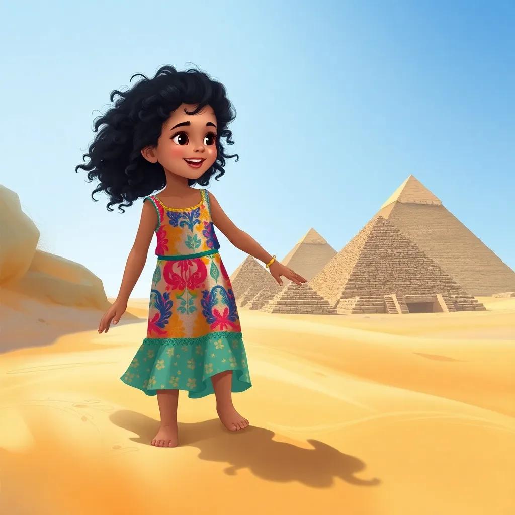 Leila, a young girl with curly black hair, dressed in a colorful dress, holding her mother's hand and exploring the sand near the pyramids, surrounded by golden sand and a clear blue sky, illustration, joyful, adventure-themed, child-friendly, high quality