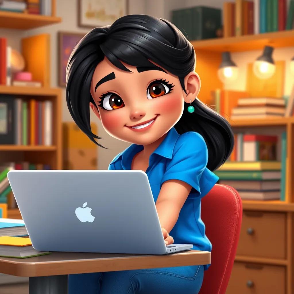 A smart girl, Leila, with dark hair, wearing a bright blue shirt and jeans, sitting at a desk with a laptop, surrounded by books and colorful gadgets, joyful expression, cozy room, digital art, warm colors, inviting atmosphere, high quality