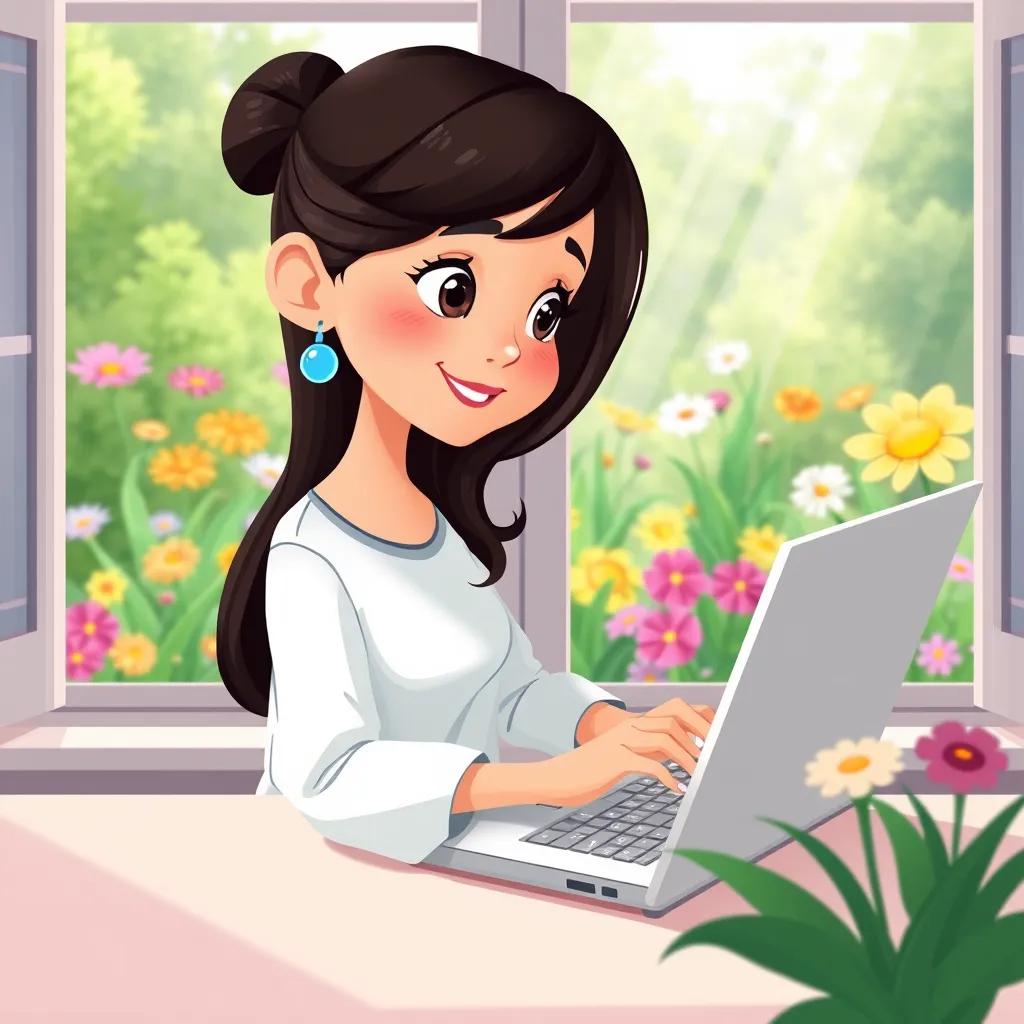 Leila, a smart girl, with dark hair, typing on a laptop with a beautiful garden outside her window, colorful flowers blooming, sunlight filtering in, peaceful scene, illustration, cheerful, vibrant, child-friendly