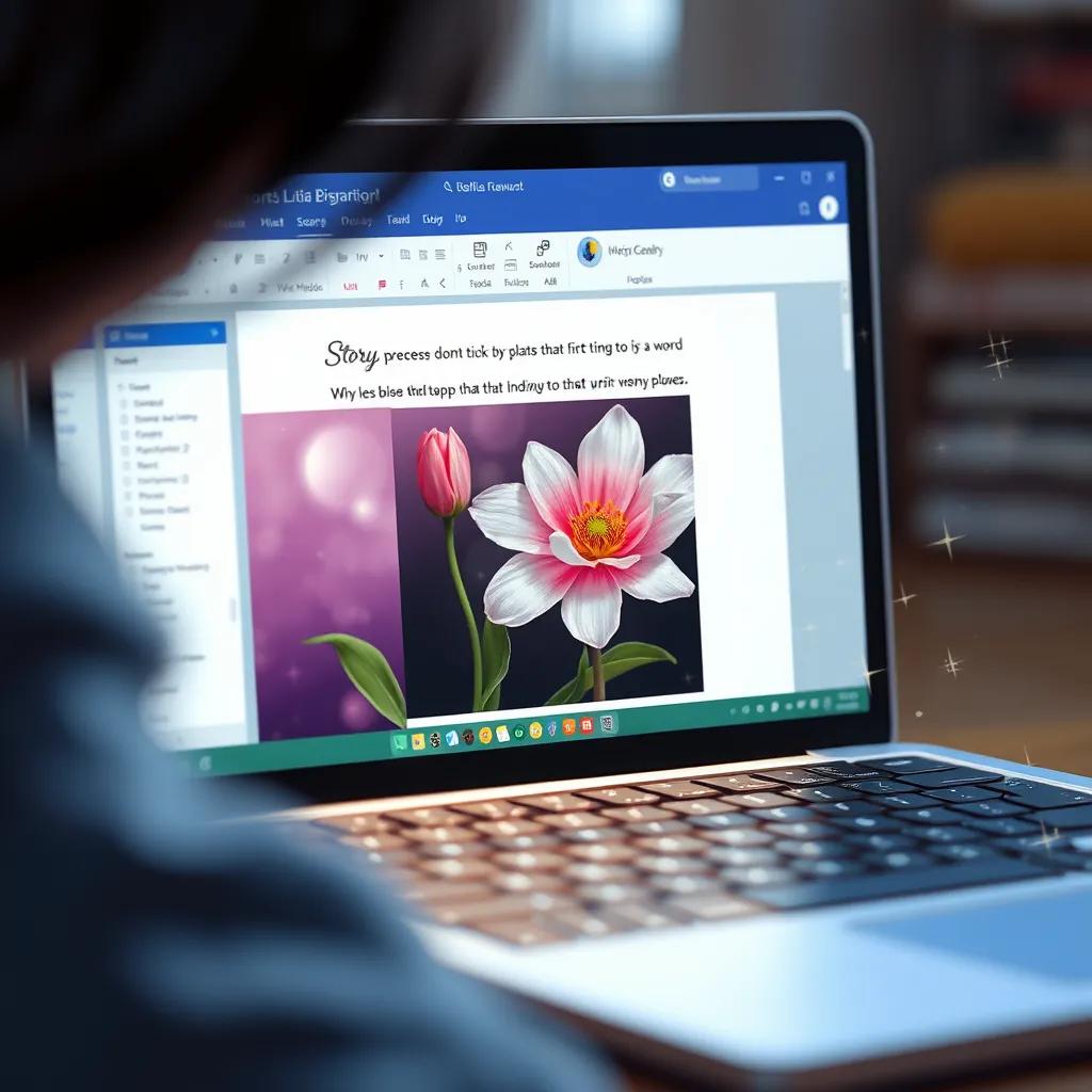 A close-up of Leila's laptop screen showing a beautiful flower image added to her story in Word, with sparkling effects around it, detailed digital art, fun atmosphere, high quality