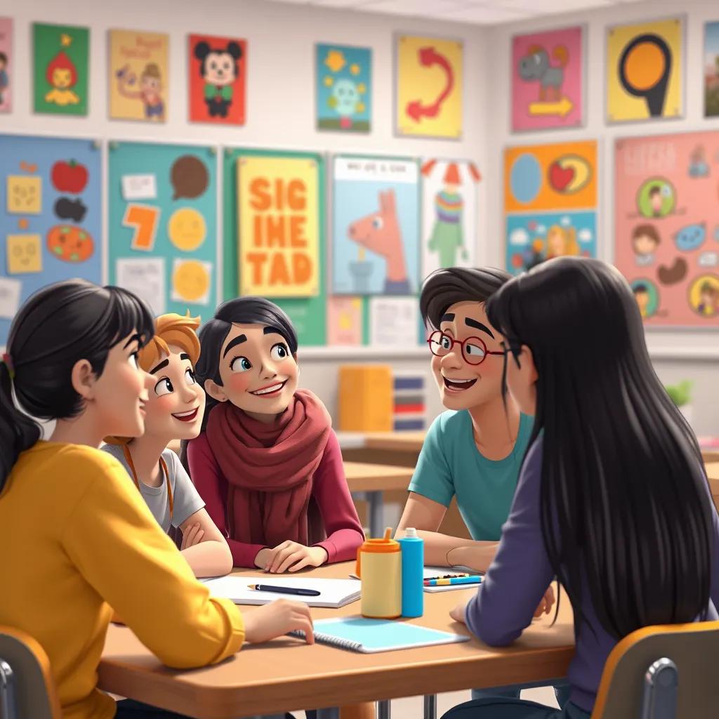 Leila talking to her creative friends, smiling and excited, sitting in a classroom, colorful posters on the wall, digital art, lively atmosphere, illustration