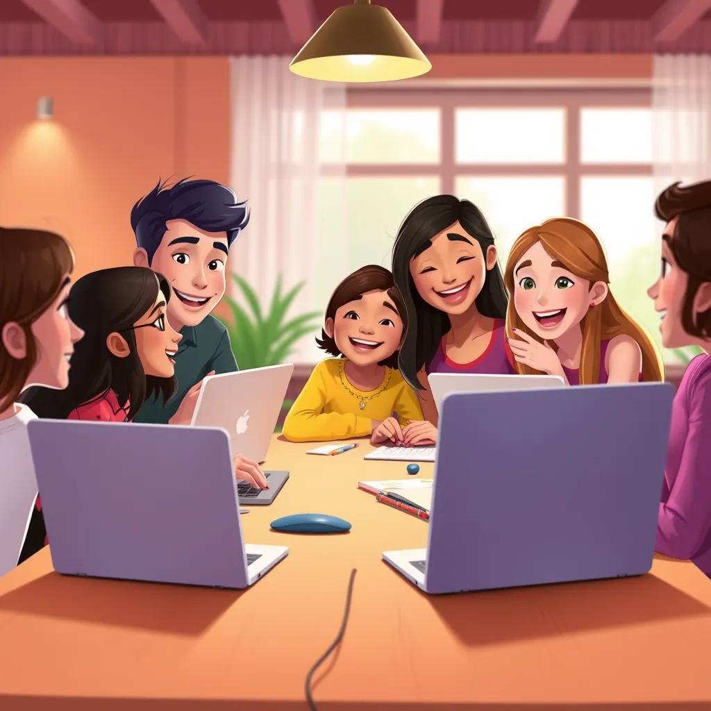 Leila sharing her new skills with her friends around a table, with laptops open and everyone smiling, joyful learning, digital art, warm colors, cheerful