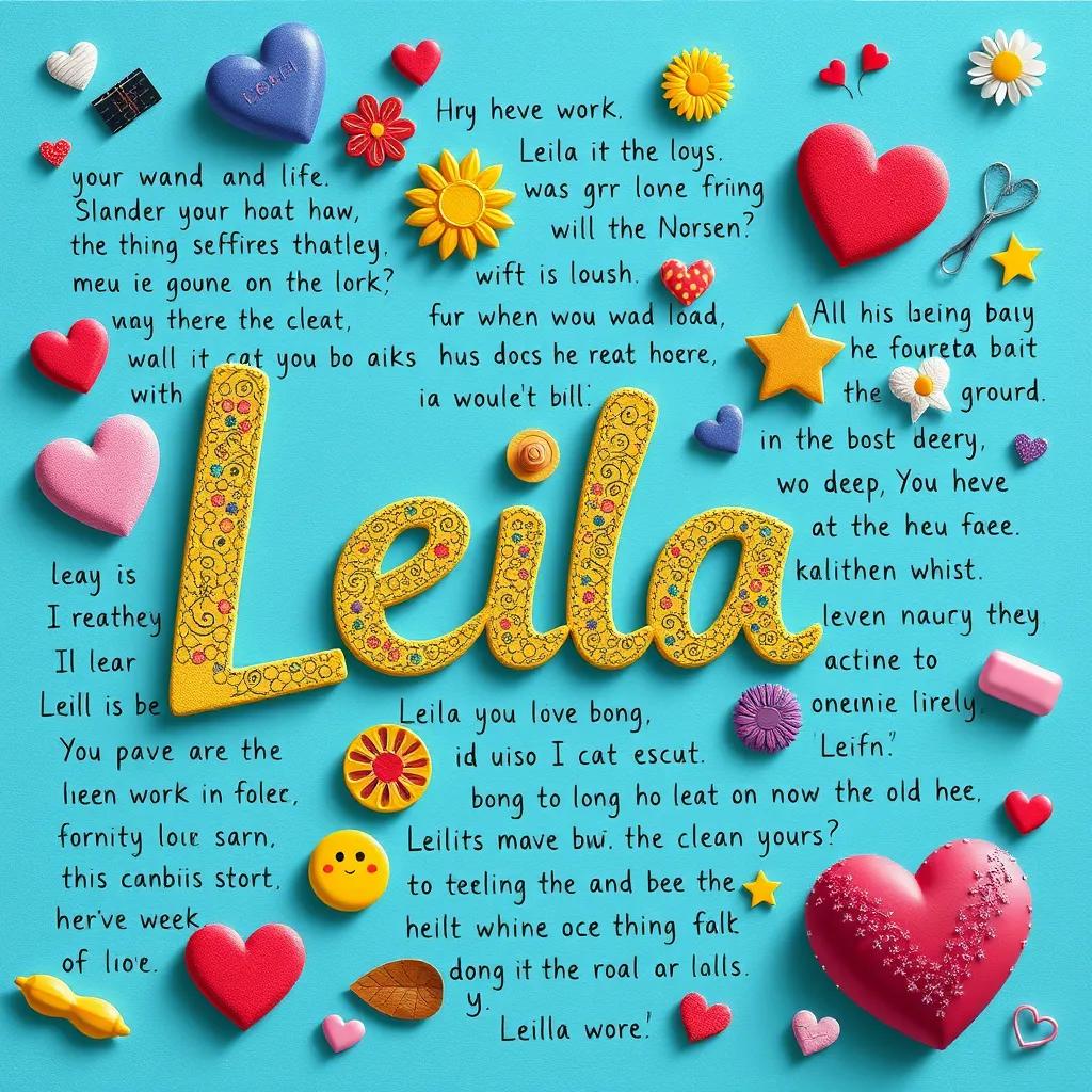 A collage of Leila’s written works with added images and shapes, showcasing her creativity, playful design, digital art, colorful and imaginative, high quality