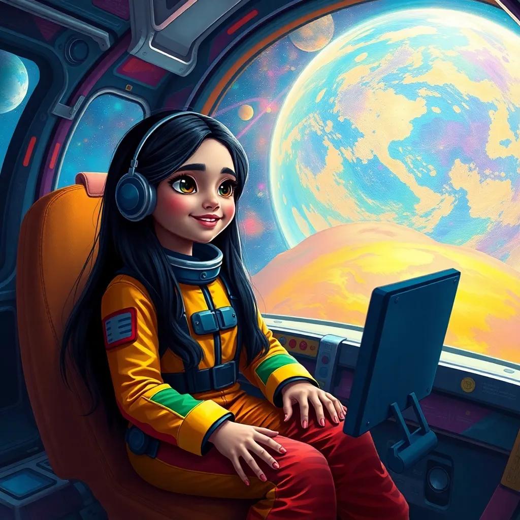 A young Arab girl, Leila, with long, black hair, wearing a colorful space suit, sitting in a spaceship with her friend Zoom, looking excited to explore the colorful planet, digital art, vibrant colors, futuristic atmosphere, high quality