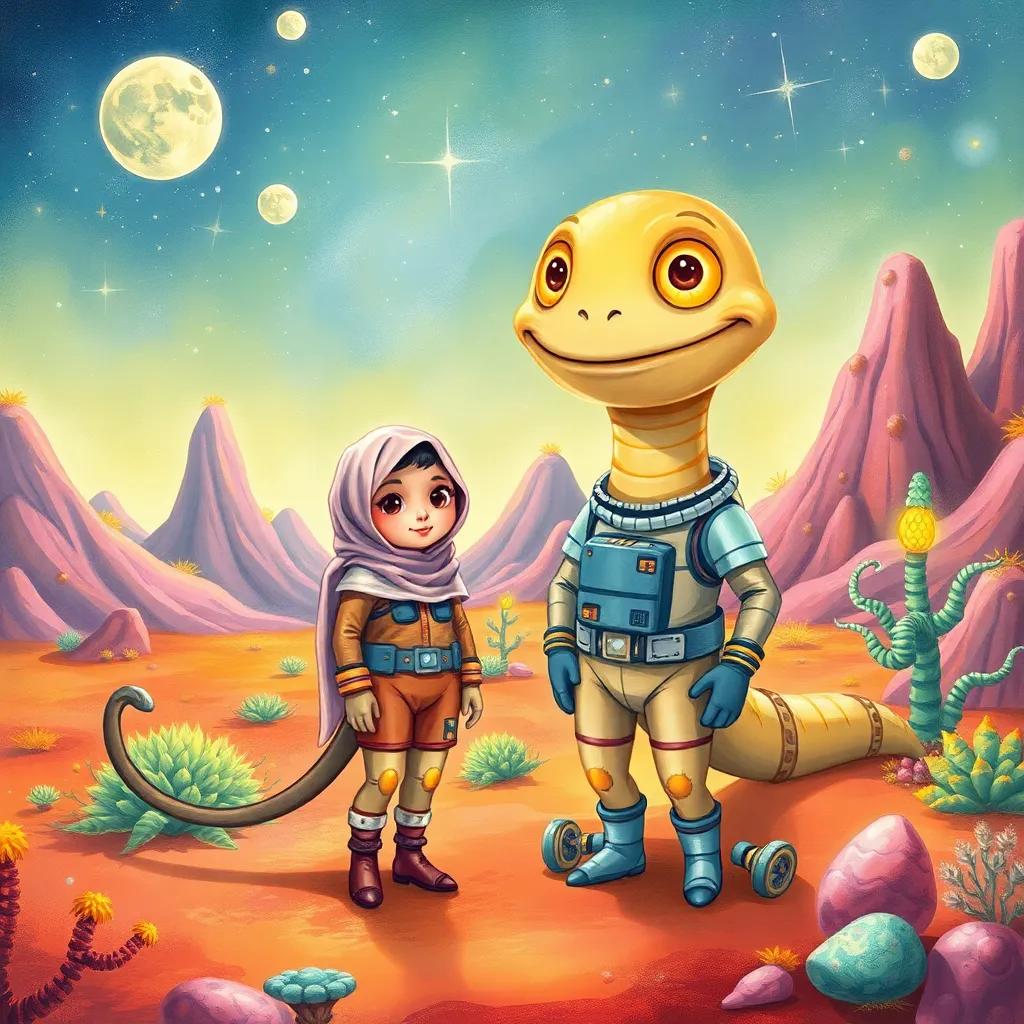 A large, friendly space creature with bright eyes and a long tail, standing in front of Leila, a young Arab girl in a space suit, on a colorful alien planet with strange plants and sparkling rocks, illustration, cheerful, magical scene, child-friendly