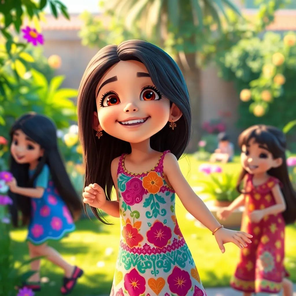 A young Arab girl, Layla, with long, dark hair wearing a colorful dress, playing in a sunny garden with her friends, laughter in the air, detailed digital art, vibrant colors, cheerful atmosphere, high quality
