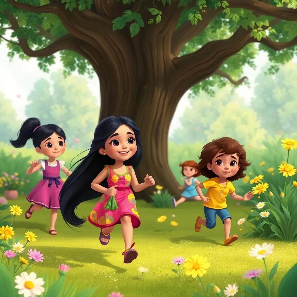 A group of children, including Layla with long, dark hair in a colorful dress, running and playing in a garden, gathering flowers around a big tree, illustration, lively scene, friendly, child-friendly, bright colors