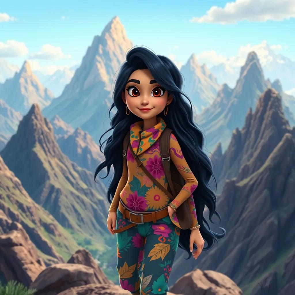 A passionate Arab girl named Leila with long, wavy black hair, wearing a colorful hiking outfit, exploring mysterious mountains with diverse shapes, detailed digital art, vibrant colors, adventurous atmosphere, high quality
