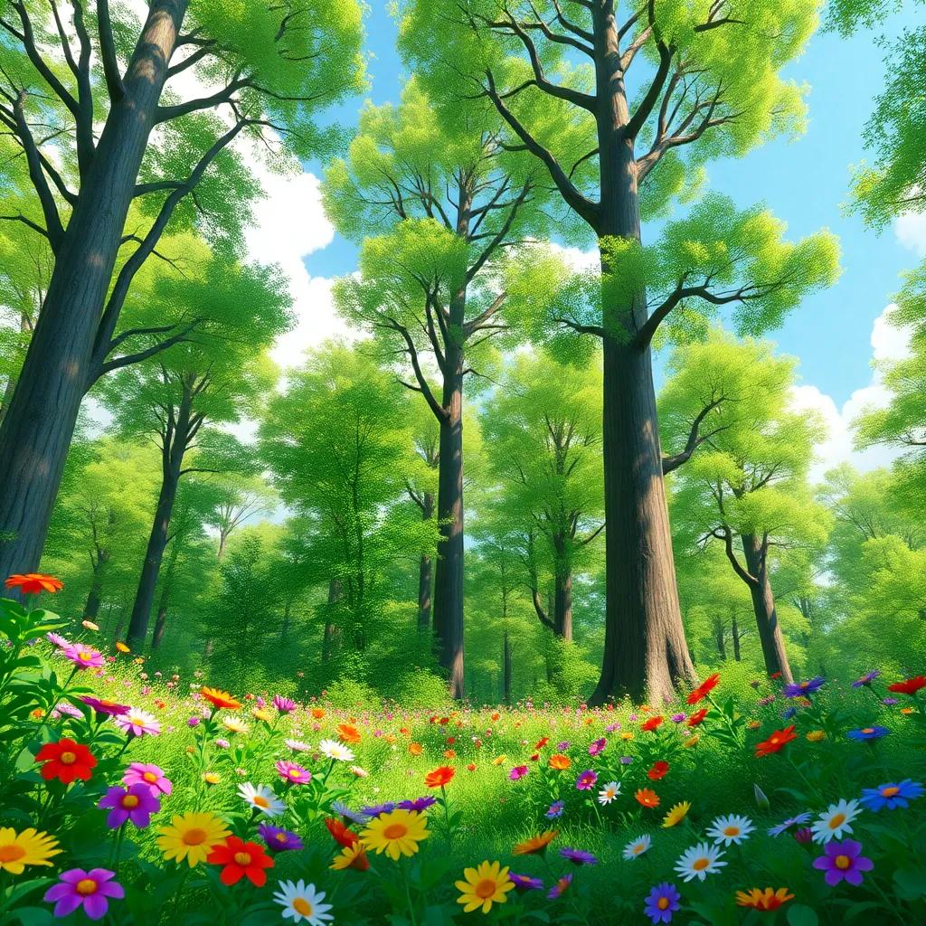 A lush green forest with tall trees reaching the sky, vibrant flowers blooming in various colors, a sunny day, digital art, cheerful atmosphere, bright colors, playful scene, high quality