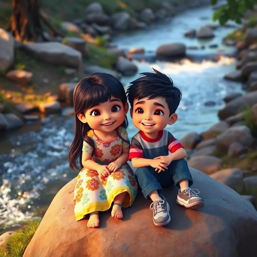 Layla, a five-year-old girl with long dark hair, wearing a colorful dress, and Muhammad, a five-year-old boy with short dark hair, in comfortable shoes, sitting on a rock near a sparkling stream, enjoying their picnic, digital art, joyful expressions, warm light, high quality