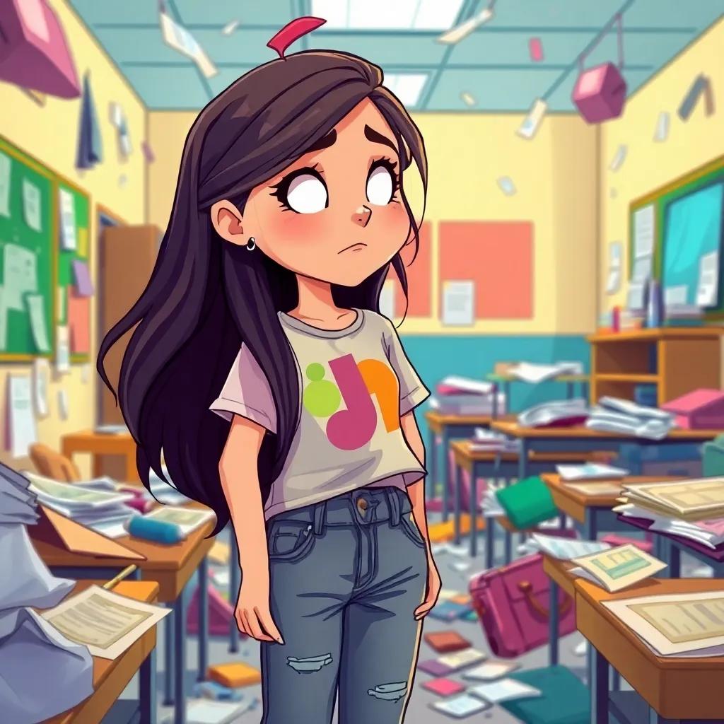 A young Arab girl, Layla, with long, dark hair, wearing casual jeans and a colorful t-shirt, complaining in a messy classroom filled with scattered papers and trash, colorful illustration, bright colors, chaotic atmosphere, engaging perspective, high quality