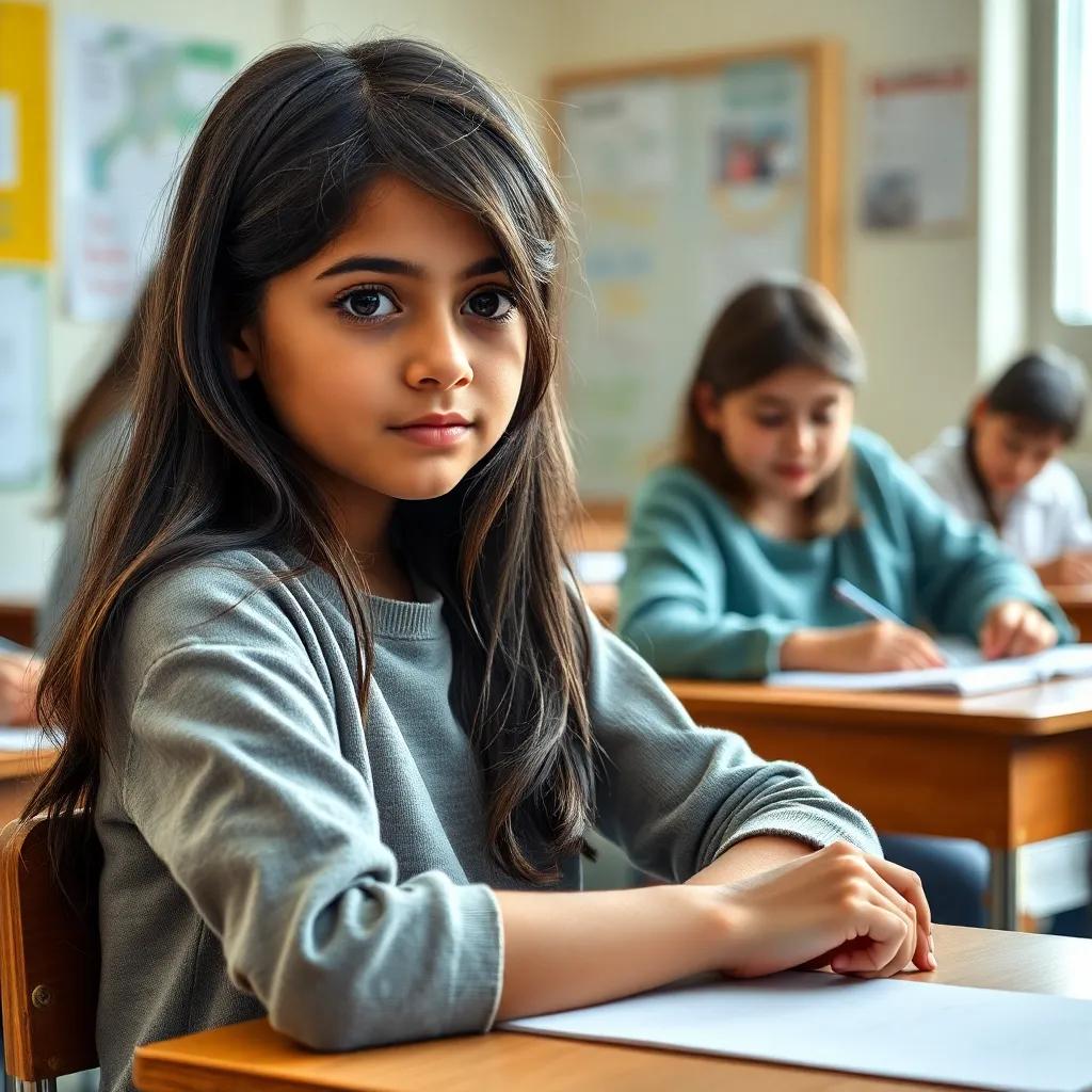Layla, a young Arab girl with long, dark hair in casual clothes, sitting at her desk looking unwell with a cold, surrounded by caring classmates who are cleaning the classroom, soft lighting, comforting colors, warm atmosphere, engaging view, high quality