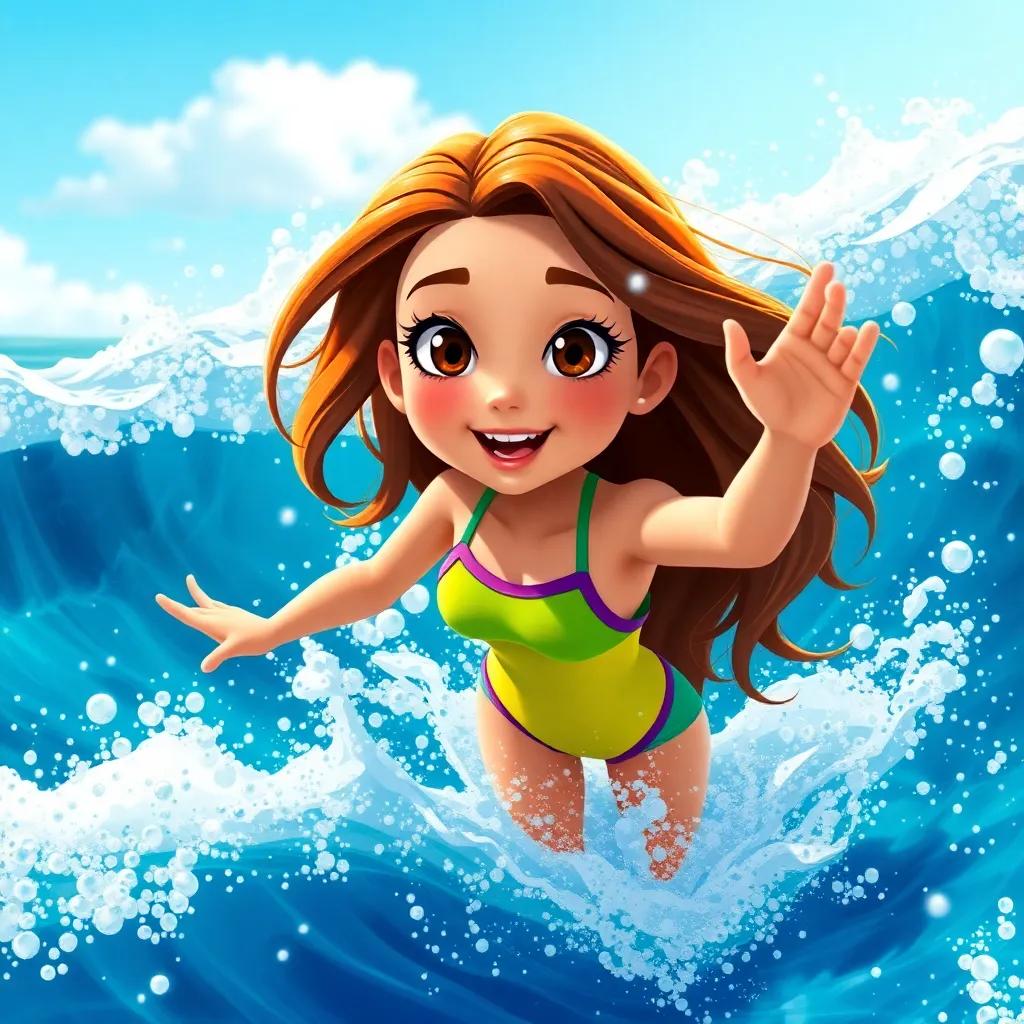 A brave girl named Lina, with long brown hair, wearing a bright swimsuit, swimming in the sea with big waves around her, a sunny morning with sparkling water, digital art, vibrant colors, energetic atmosphere, high quality