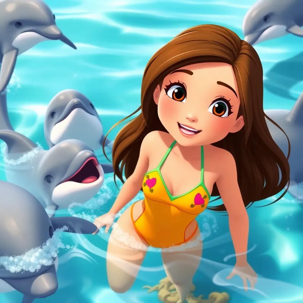 Lina, a brave girl with long brown hair in a bright swimsuit, surrounded by calm sea water as dolphins swim joyfully around her, feeling thrilled, cheerful mood, colorful scene, delightful imagery, high quality
