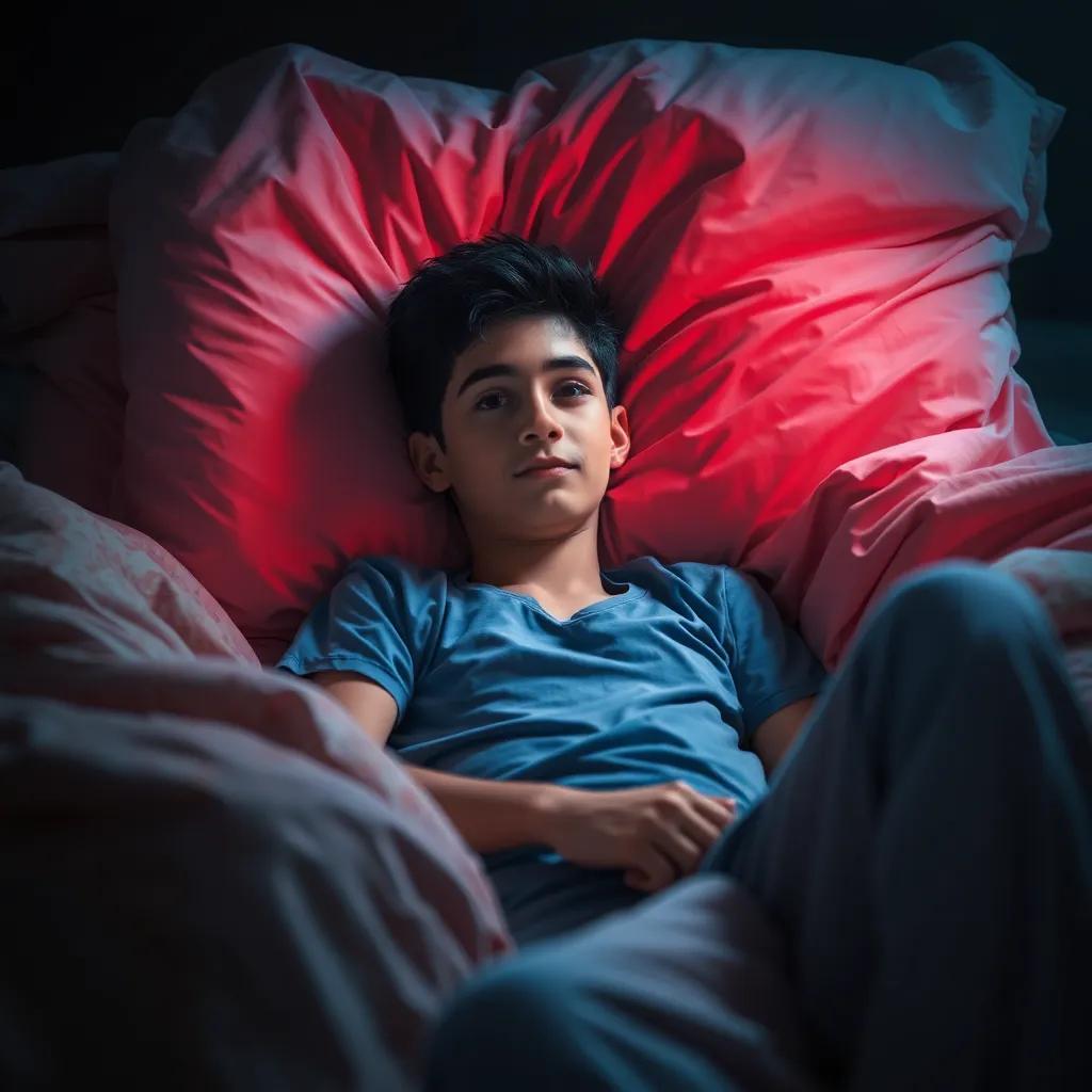 Mamon, an Arab boy, with short black hair and wearing a comfortable blue t-shirt and pajama pants, laying in bed surrounded by blankets in a dimly lit room, digital art, cozy atmosphere, warm colors, close-up view, highly detailed