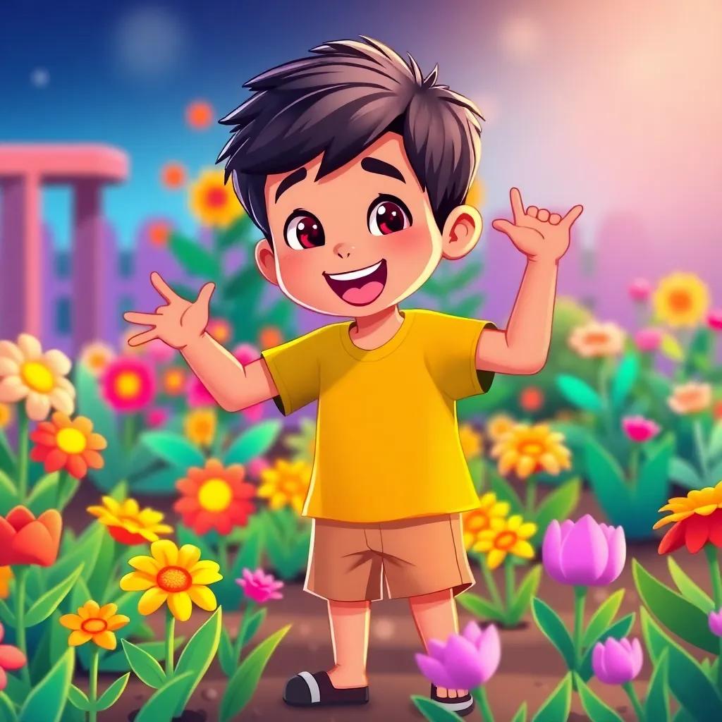 Mamon, an Arab boy, with short black hair and wearing shorts and a bright t-shirt, standing excitedly in a colorful garden, planting flowers with enthusiasm, illustration, vibrant colors, joyful atmosphere, child-friendly
