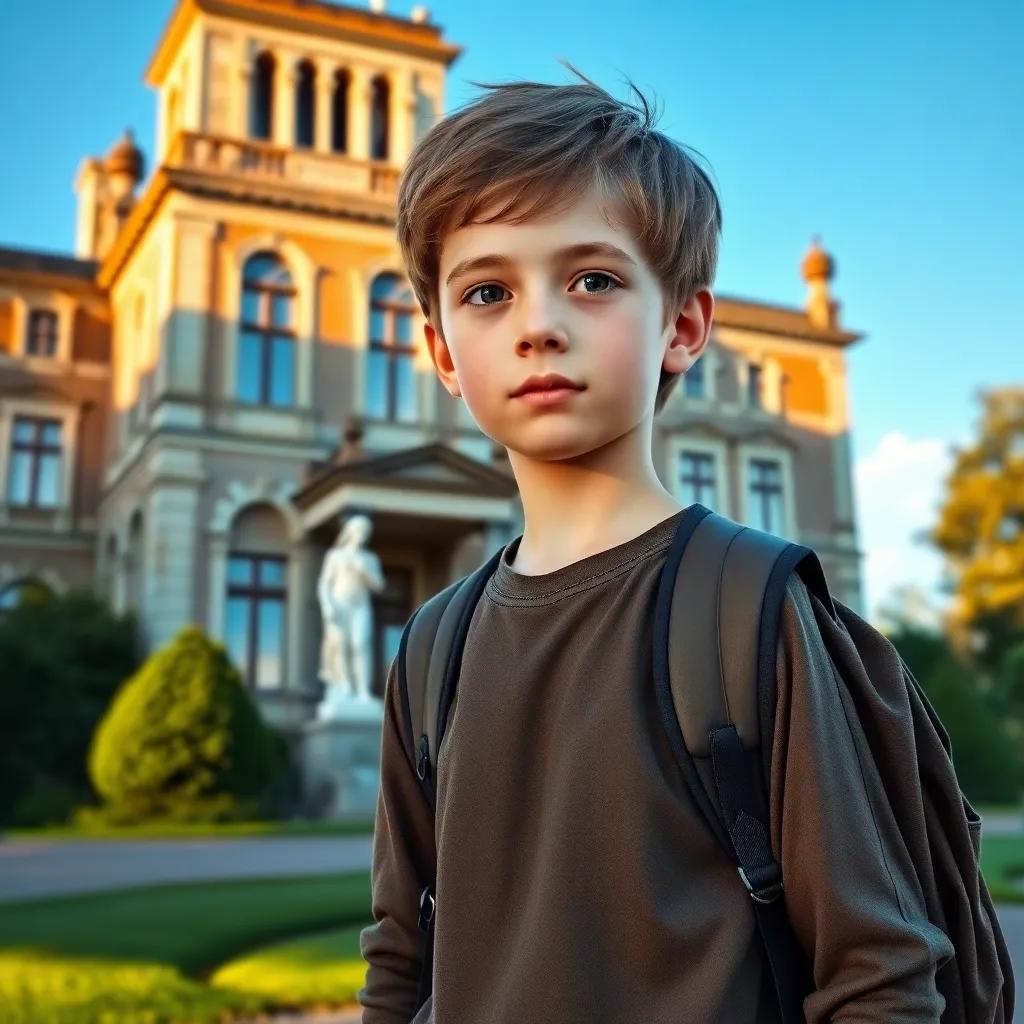 A young boy, Matthew, with short brown hair wearing old clothes and carrying a backpack, standing in front of a large, old mansion with tall windows, digital art, bright colors, inviting atmosphere, high quality