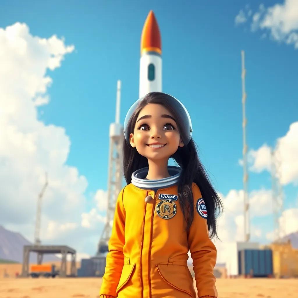 A young Arab girl, Salwa, with long, dark hair, wearing a bright space suit, standing in front of a large rocket on a launch pad, smiling and excited, under a blue sky with fluffy clouds, digital art, vibrant colors, inspiring atmosphere, high quality