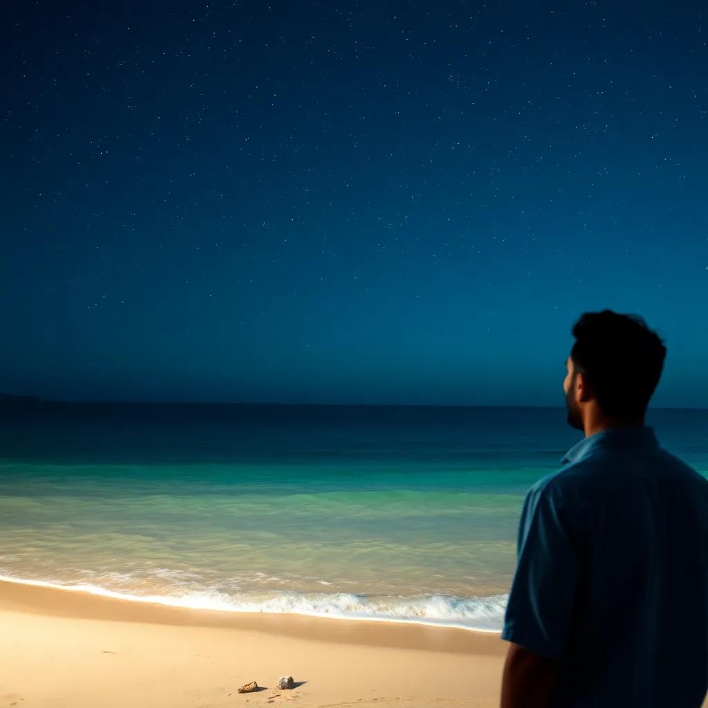 A nighttime beach scene with a calm sea, stars twinkling overhead, and a man named Mohamed looking out at the water, digital art, soft lighting, clear colors, inviting atmosphere, high quality