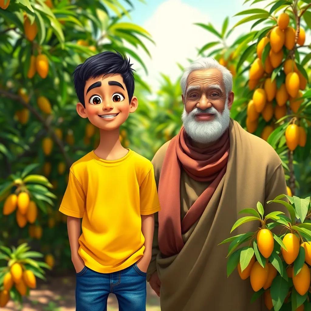 A young Arab boy, Muhammad, with short black hair wearing a bright t-shirt and jeans, standing in front of a lush mango farm with his grandfather, a kind older man with a beard and traditional clothing, sunny day, cheerful atmosphere, digital art, colorful and vibrant, inviting scene