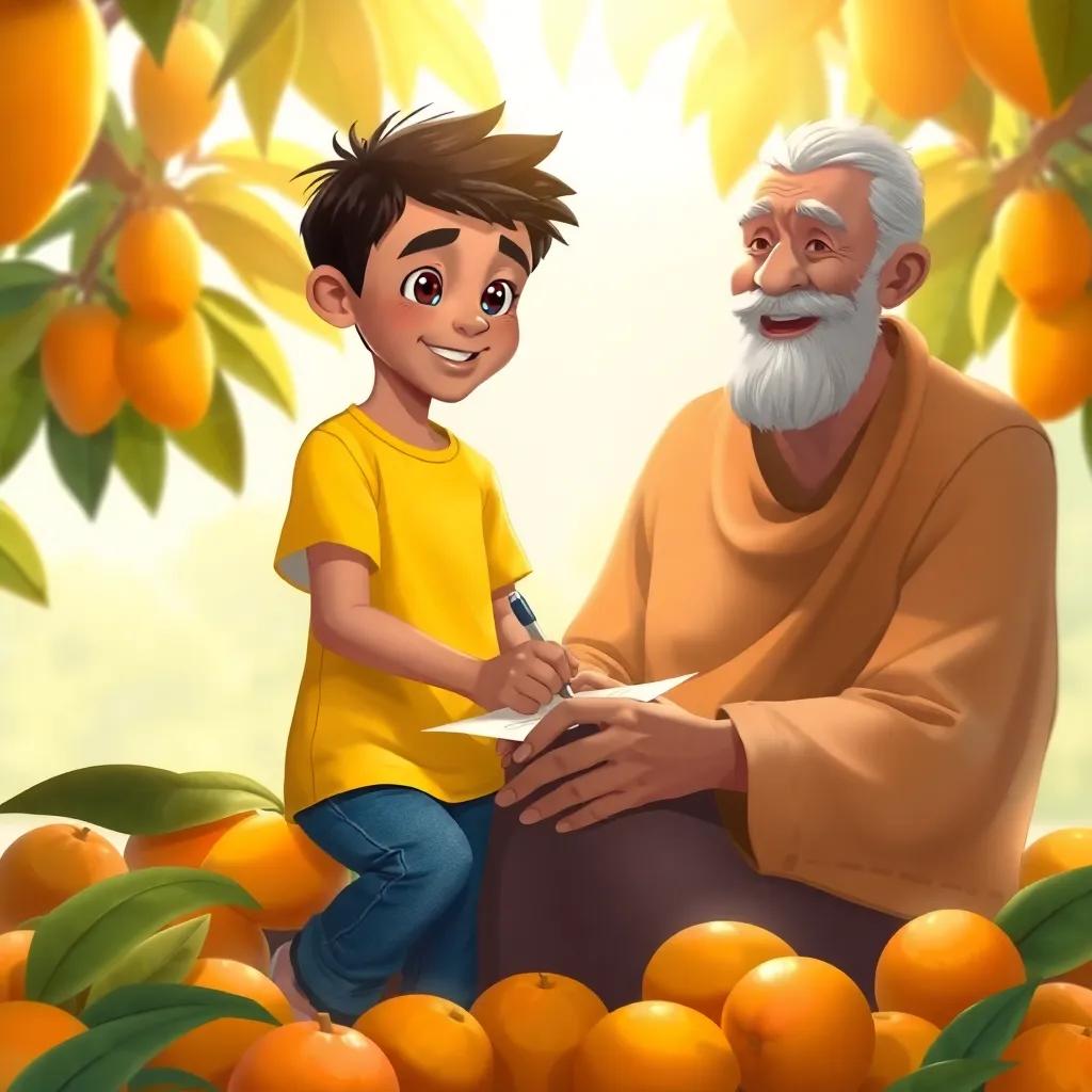 A young Arab boy, Muhammad, with short black hair wearing a bright t-shirt and jeans, writing on a piece of paper under a mango tree, surrounded by ripe mangoes on the ground, his grandfather, a kind older man with a beard, smiling at him, warm sunlight filtering through the leaves, cheerful, playful setting, illustration