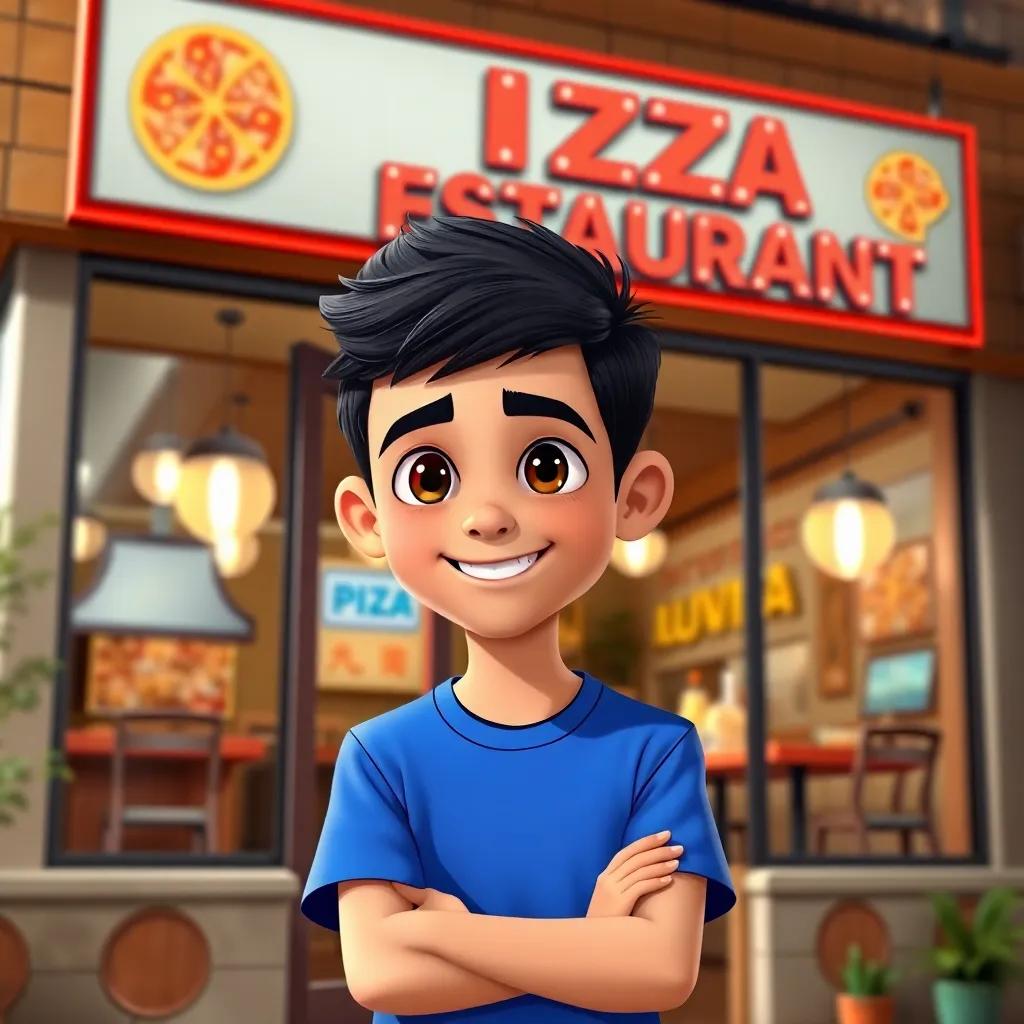 A young Arab boy, Mohamed, with short black hair, wearing a blue t-shirt, standing in front of a pizza restaurant with a big sign saying 'Pizza Restaurant', cheerful, bright colors, inviting atmosphere, high quality