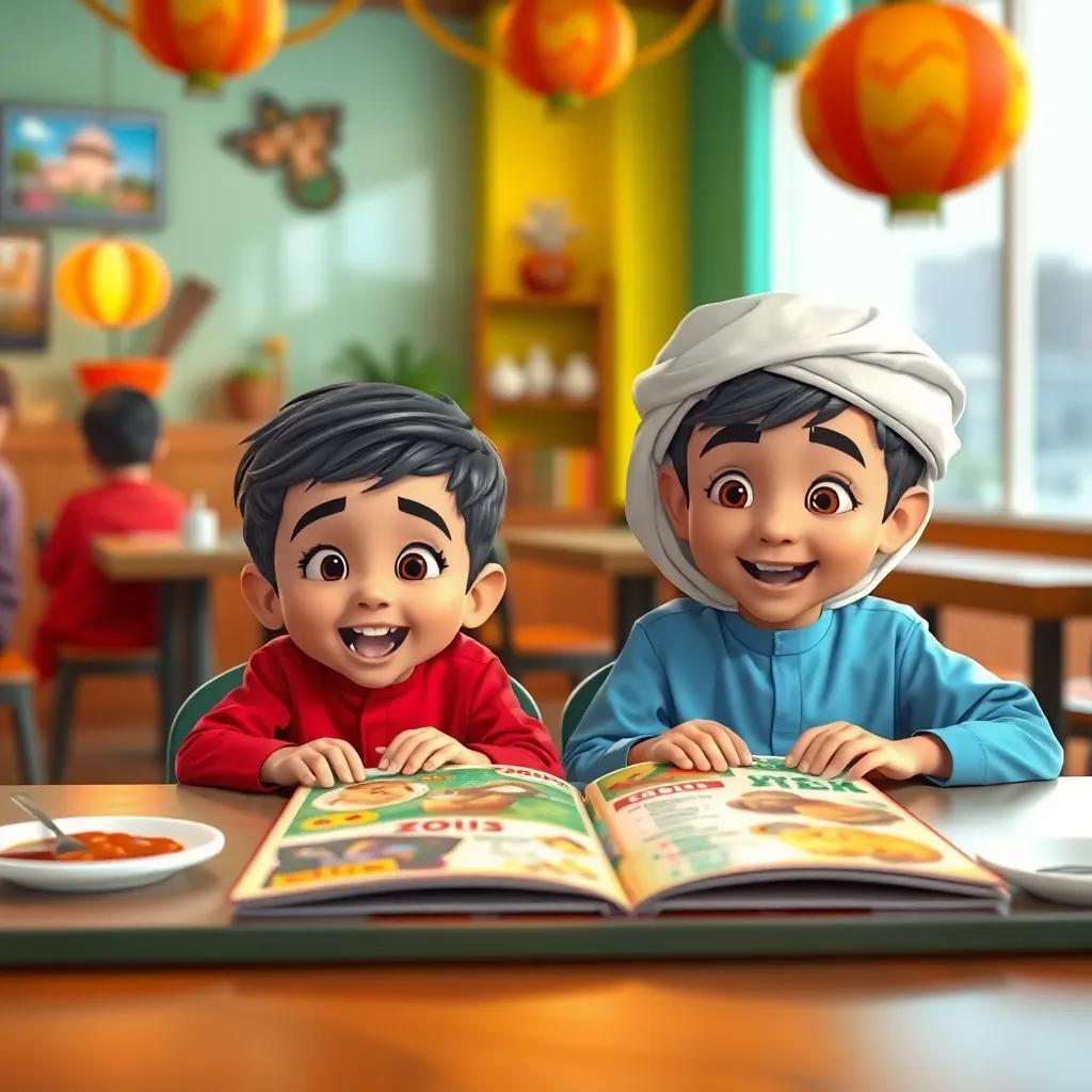 Two young Arab boys, Mohamed and Khaled, sitting at a table, looking at a colorful menu, with excitement on their faces, playful and cheerful surroundings, vibrant colors, high quality