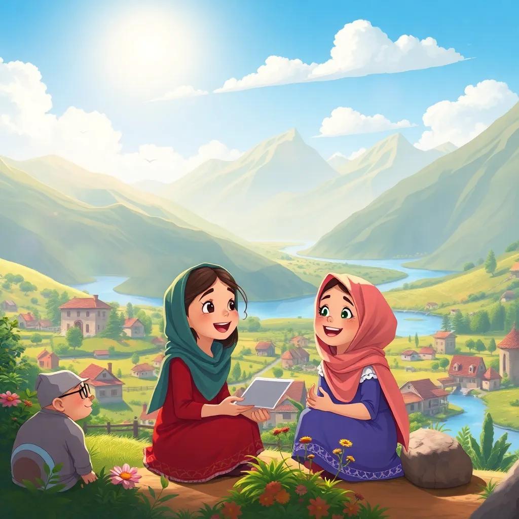In a picturesque village surrounded by mountains and rivers, two girls, Marwa and Zahra, are laughing and planning their garden adventure under the bright sun, detailed illustration, cheerful colors, warm atmosphere, vibrant scene