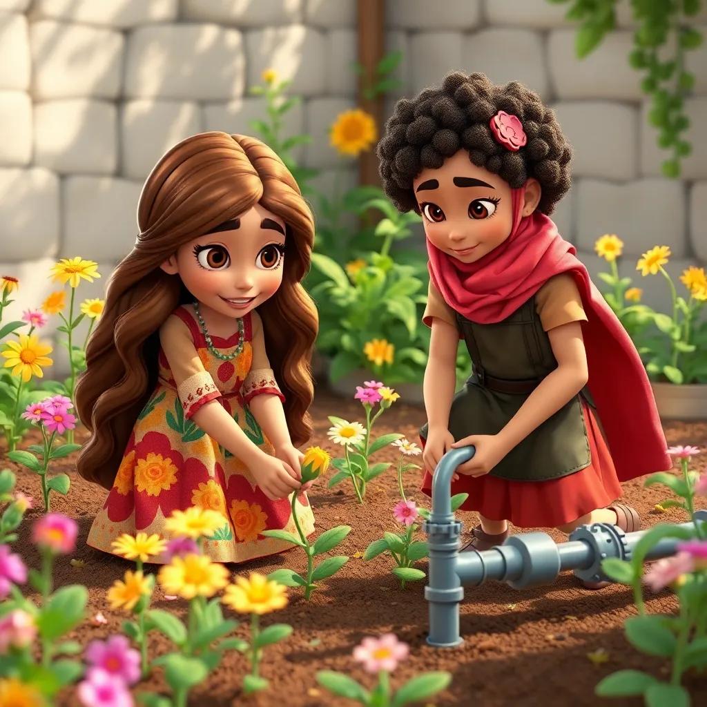 Marwa, an imaginative girl with long, wavy hair, wearing a colorful dress, carefully planting flowers in the garden while Zahra, a smart girl with curly hair, wearing a practical outfit, designs a smart irrigation system using old pipes, collaborative spirit, cheerful and lively setting