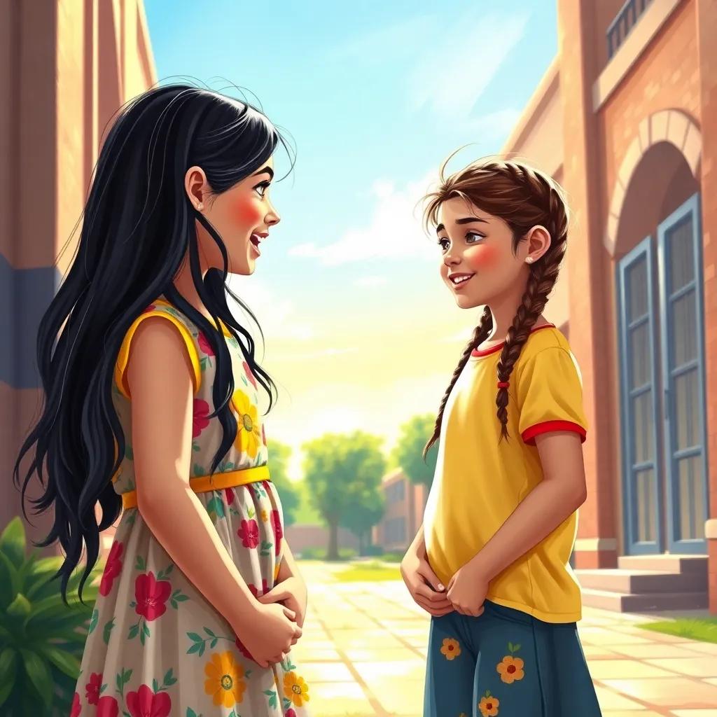 A bright sunny morning with Marium, a young Arab girl, with long dark hair, wearing a colorful school dress, excitedly talking to Noor, a young Arab girl with braids and a bright t-shirt, standing outside a school building, digital art, cheerful, vibrant colors, warm light, engaging atmosphere, high quality