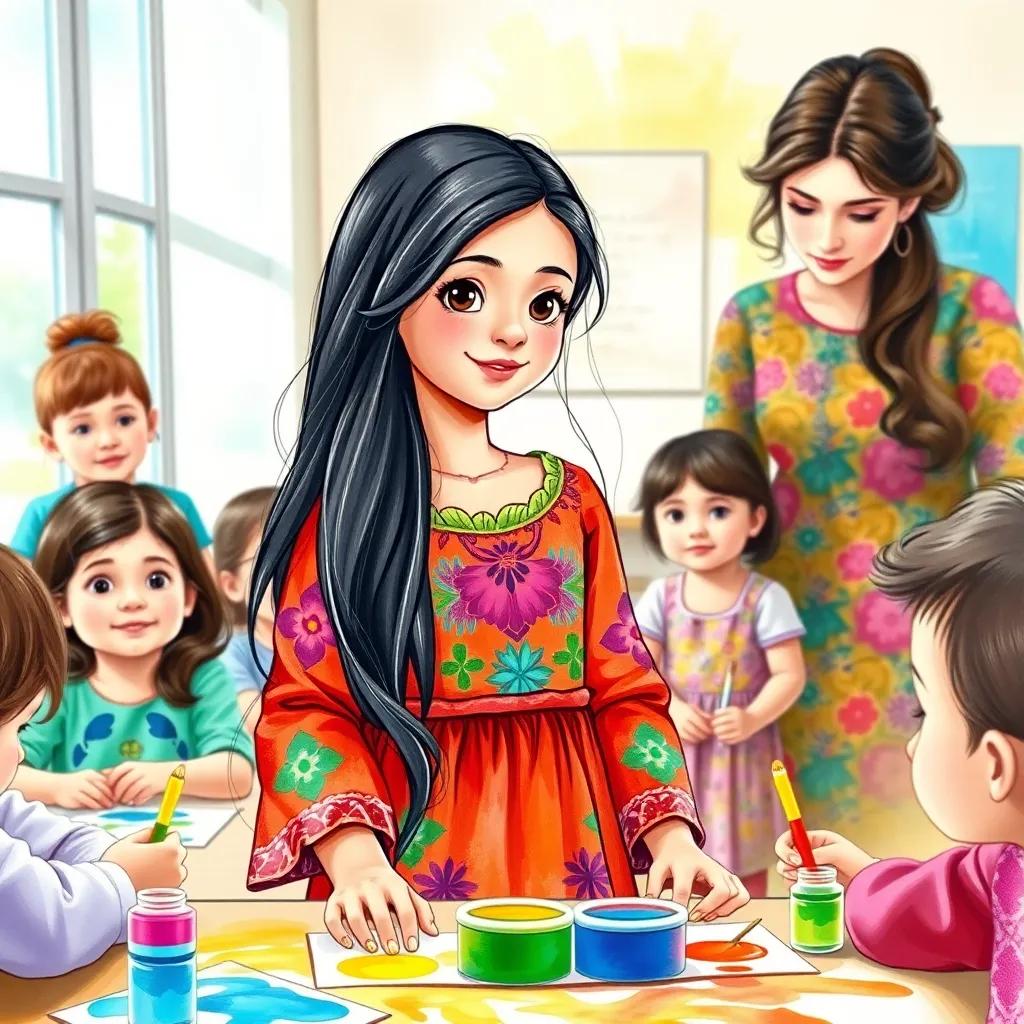 Marium, a young Arab girl, with long dark hair in a colorful dress, surrounded by her classmates and a female teacher with a colorful dress, showing how to use watercolor paints in a bright classroom, illustration, educational, colorful and inviting, child-friendly, high quality