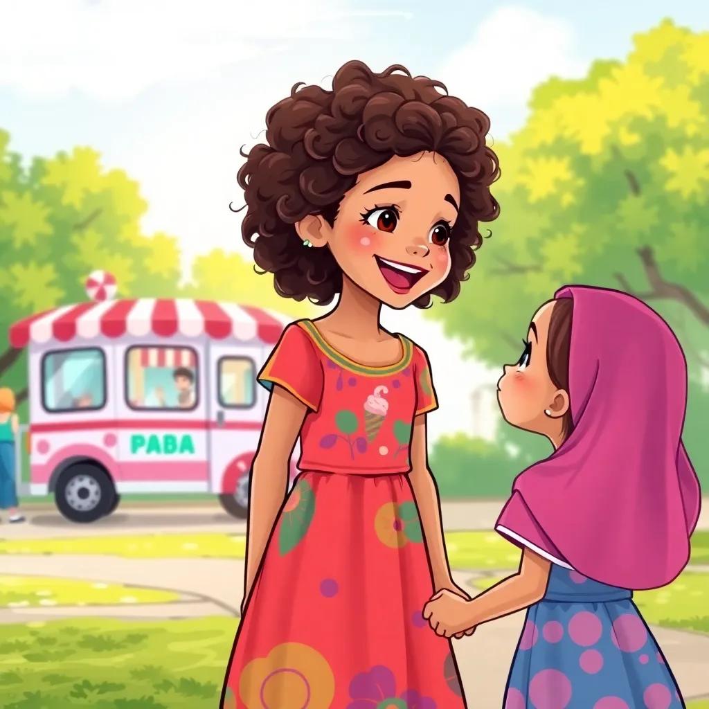 A young Arab girl, مسك, with curly hair, wearing a colorful dress, holding her sister's hand while looking at an ice cream truck in the park, joyful and excited, detailed digital art, vibrant colors, cheerful atmosphere, high quality