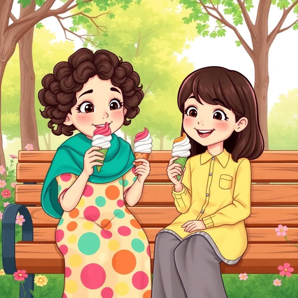 Two sisters, young Arab girls, مسك with curly hair in a colorful dress and غزل with straight hair in a lovely shirt, enjoying ice cream with joyful expressions, sitting on a park bench, surrounded by green trees and flowers, illustration, bright colors, fun and engaging, high quality