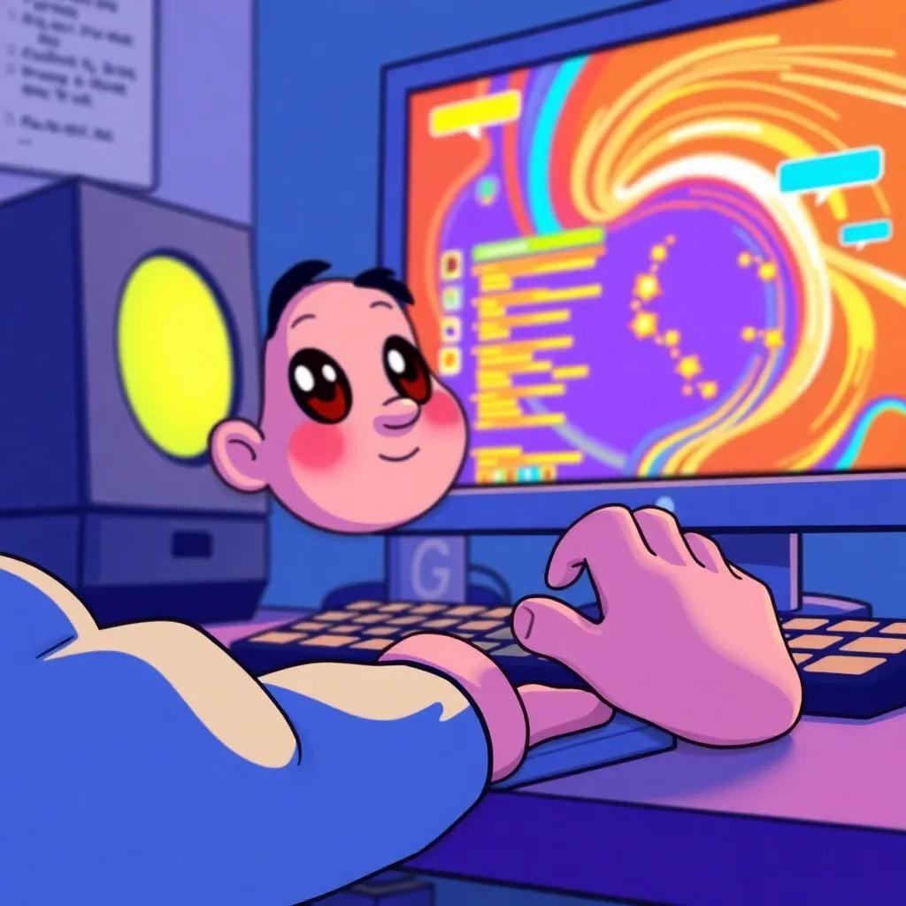 Control key, Ctrl, feeling bored in front of a bright computer screen, cute cartoon style, vibrant colors, cheerful atmosphere, digital art, playful expression