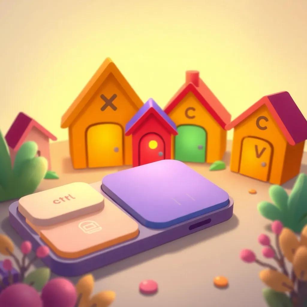Control key, Ctrl, visiting friends X, C, and V in their small key homes, happy and colorful surroundings, friendly gathering, illustration, warm and inviting colors