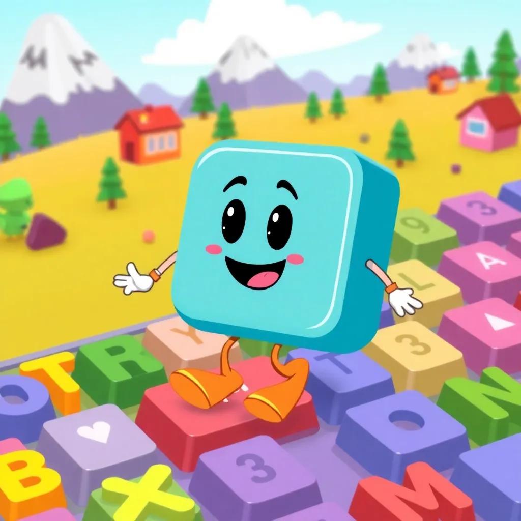 Control key, Ctrl, with friends walking happily in the keyboard landscape, surrounded by colorful letters and numbers, adventure theme, cheerful illustration, bright colors
