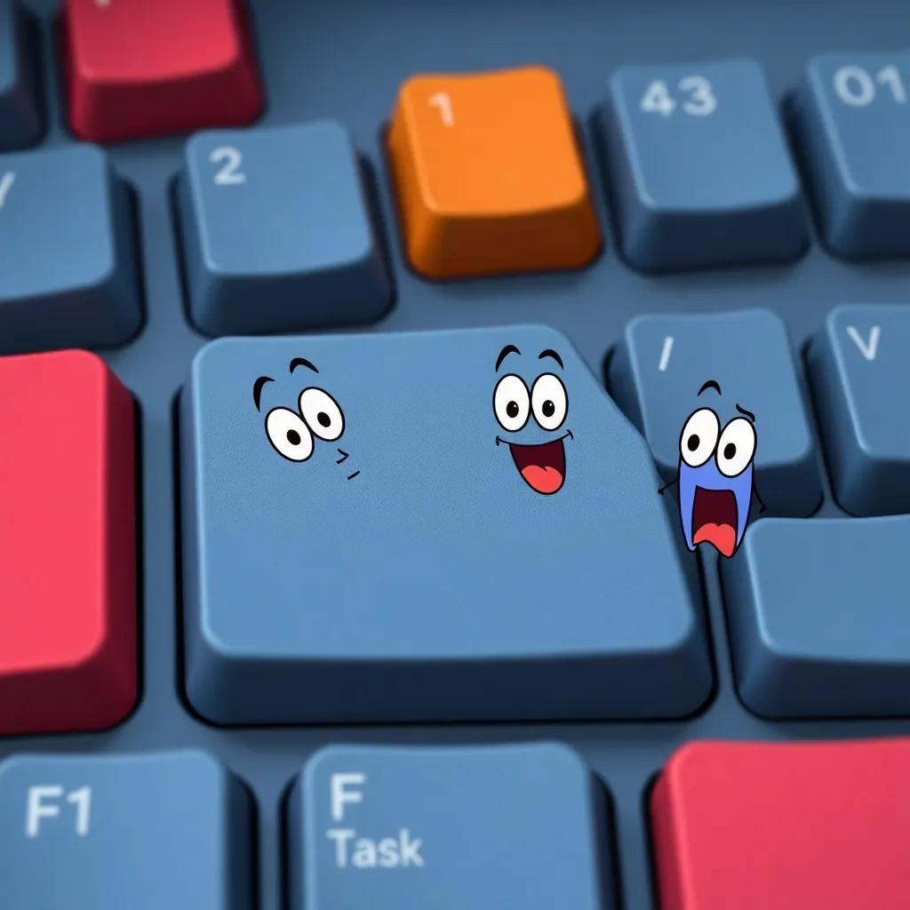 Function keys F1, F2,..., each key showing its Daily task, amazed expressions from Control key and friends, informative scene, detailed and colorful illustration