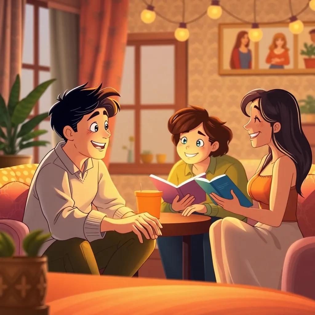 Control key, Ctrl, listening attentively to friends sharing their daily stories, warm and cheerful ambiance, cozy gathering, friendly illustration