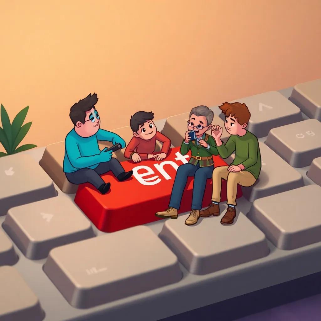 Control key, Ctrl, and friends gathered around Enter key sitting leisurely, engaged in conversation, friendly atmosphere, cozy and inviting colors