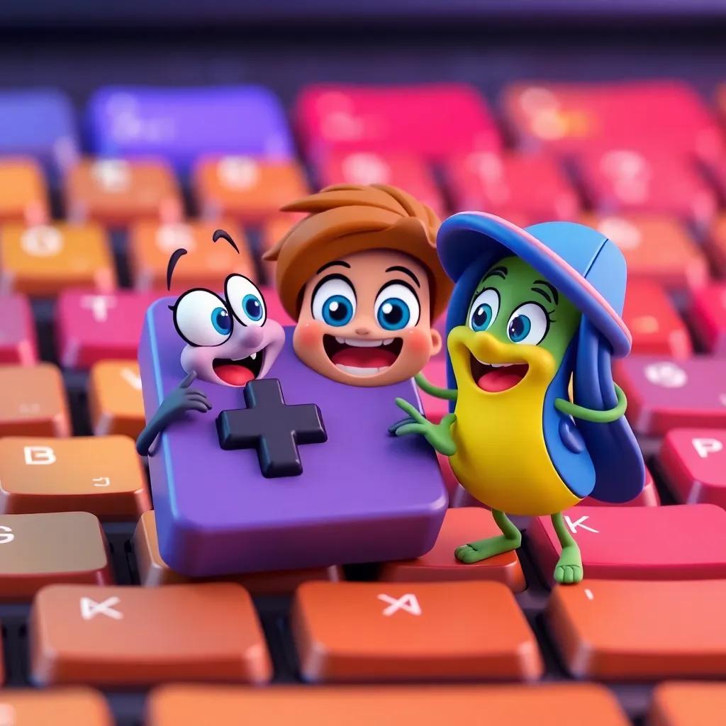Control key, Ctrl, and friends planning their next adventure, excited expressions, colorful keyboard background, vibrant digital art