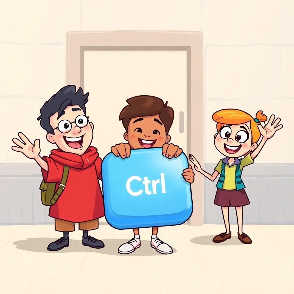 Control key, Ctrl, and friends waving goodbye but looking excited for future adventures, cheerful goodbye scene, lively colors, engaging illustration