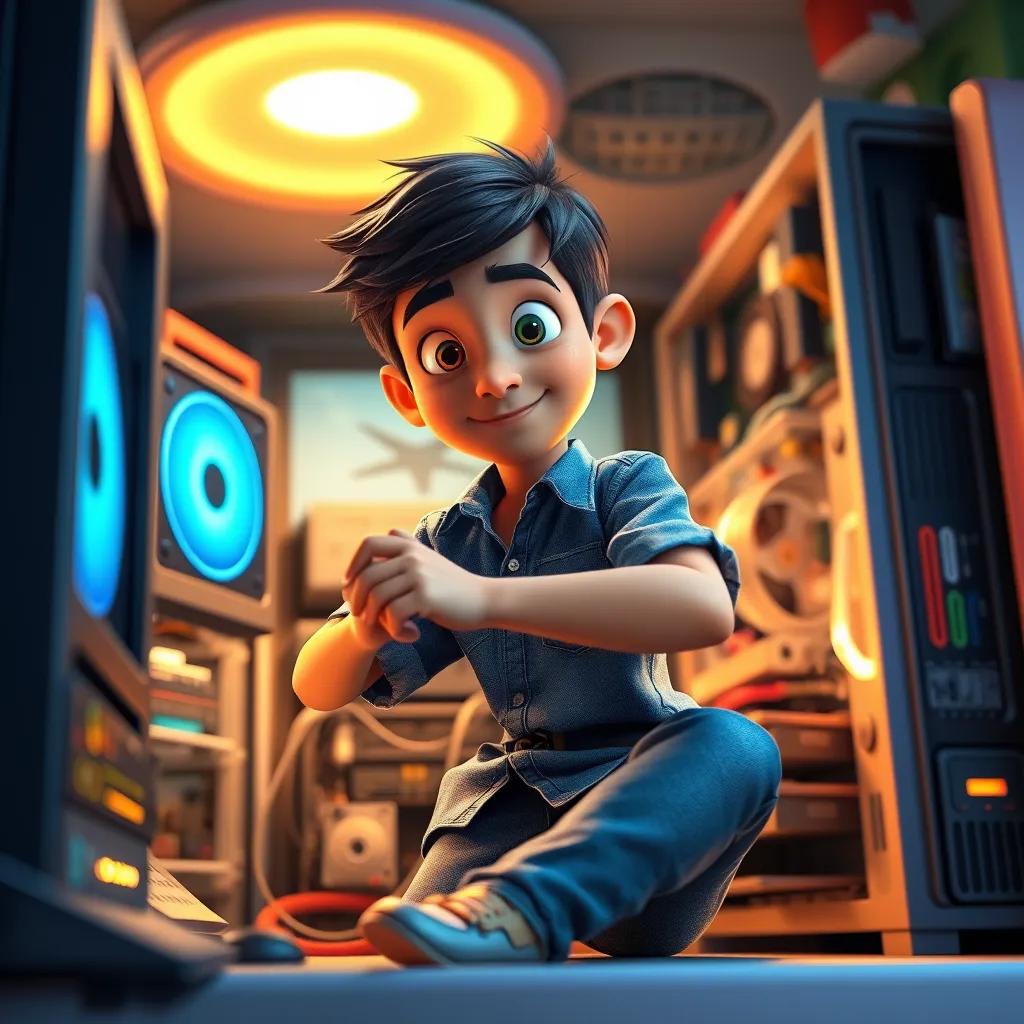 A young Arab boy, Ali, with short black hair, wearing a blue shirt and jeans, opening a computer to explore its components, digital art, colorful and playful atmosphere, warm light, inviting, detailed