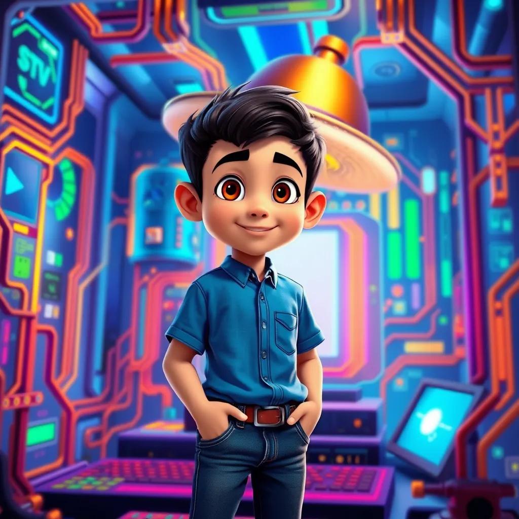 Ali, a young Arab boy with short black hair, wearing a blue shirt and jeans, inside a vibrant computer world with a shiny CPU wearing a large hat, digital art, full of colors, cheerful, high quality