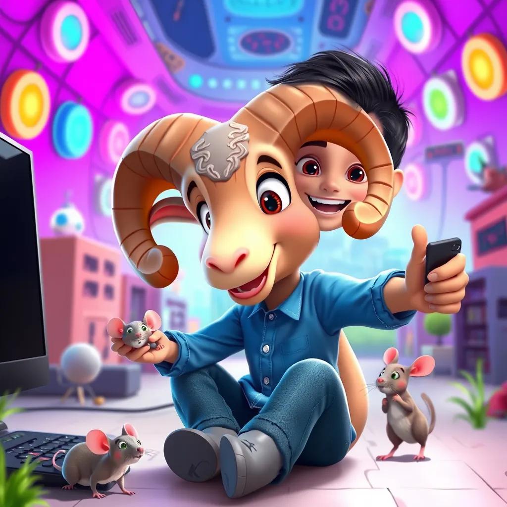 A beautiful RAM, friendly and colorful, playing with mice in a bright computer world, Ali, a young Arab boy with short black hair, wearing a blue shirt and jeans, taking a picture, lively, fun scene, joyful