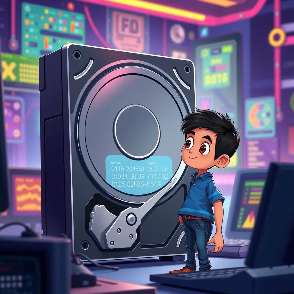 A hard drive with a lot of data rising up, speaking to Ali, a young Arab boy with short black hair, wearing a blue shirt and jeans, in a computer world, vibrant, whimsical, illustrated style, colorful