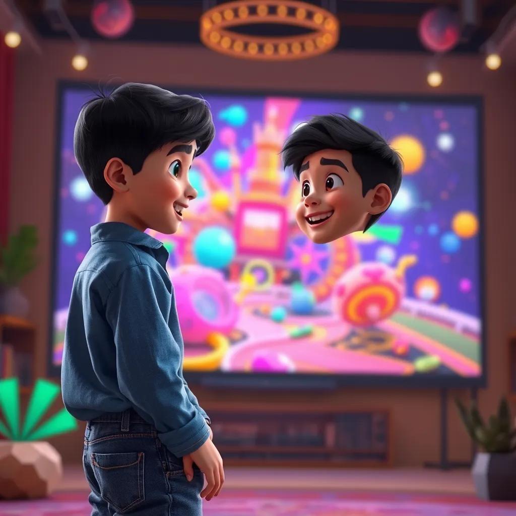 Ali, a young Arab boy with short black hair, wearing a blue shirt and jeans, watching a colorful graphics card create images on a big screen, joyful ambiance, creative, imaginative setting, digital art